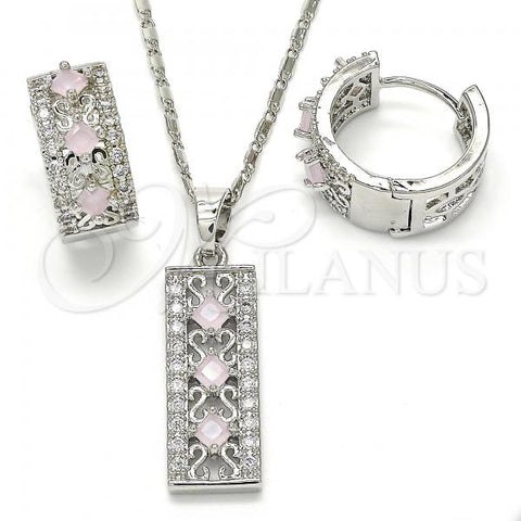Rhodium Plated Earring and Pendant Adult Set, with Pink and White Cubic Zirconia, Polished, Rhodium Finish, 10.210.0061.11