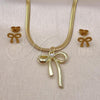 Oro Laminado Earring and Pendant Adult Set, Gold Filled Style Bow and Rat Tail Design, with Ivory Pearl, Polished, Golden Finish, 10.417.0005
