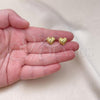 Oro Laminado Stud Earring, Gold Filled Style Heart Design, Diamond Cutting Finish, Golden Finish, 02.342.0277