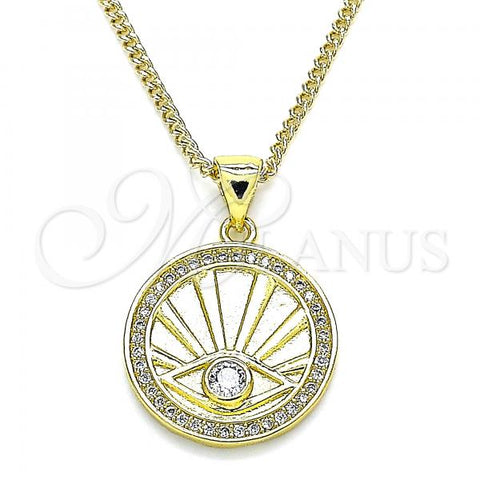Oro Laminado Pendant Necklace, Gold Filled Style Evil Eye Design, with White Cubic Zirconia and White Micro Pave, Polished, Golden Finish, 04.313.0052.20