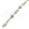 Oro Laminado Fancy Bracelet, Gold Filled Style Evil Eye and Dolphin Design, Turquoise Resin Finish, Golden Finish, 03.326.0009.3.08