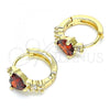 Oro Laminado Huggie Hoop, Gold Filled Style Heart Design, with Garnet and White Cubic Zirconia, Polished, Golden Finish, 02.210.0647.1.15