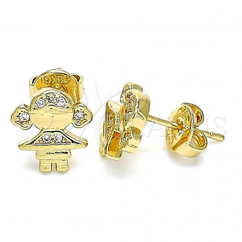 Oro Laminado Stud Earring, Gold Filled Style Little Girl Design, with White Micro Pave, Polished, Golden Finish, 02.156.0421