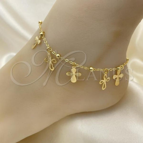 Oro Laminado Charm Anklet , Gold Filled Style Cross and Ball Design, Polished, Golden Finish, 03.32.0586.10