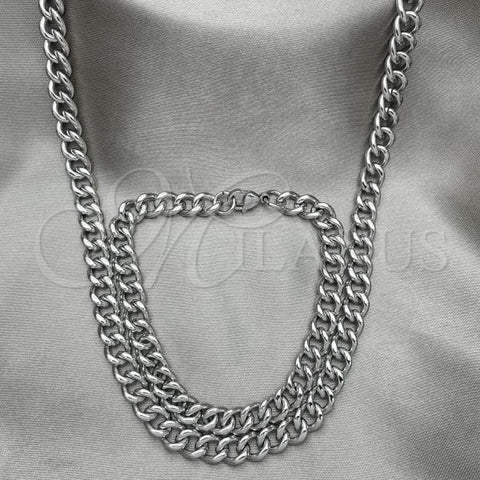Stainless Steel Necklace and Bracelet, Miami Cuban Design, Polished,, 06.278.0001