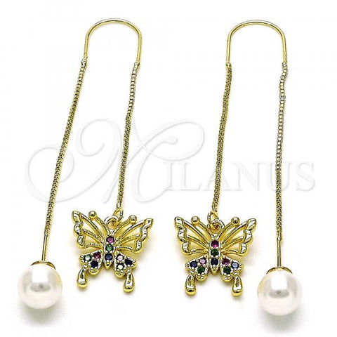 Oro Laminado Threader Earring, Gold Filled Style Butterfly Design, with Multicolor Micro Pave, Polished, Golden Finish, 02.210.0813.1