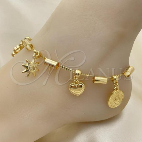 Oro Laminado Charm Anklet , Gold Filled Style Heart and Star Design, Polished, Golden Finish, 03.32.0588.10