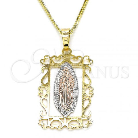Oro Laminado Pendant Necklace, Gold Filled Style Guadalupe Design, Polished, Tricolor, 04.106.0058.20