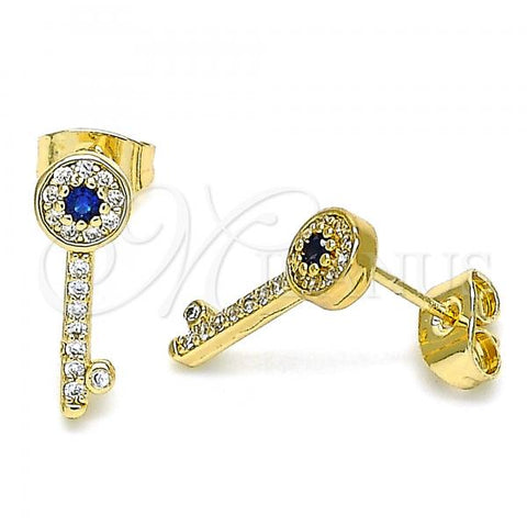 Oro Laminado Stud Earring, Gold Filled Style key Design, with Sapphire Blue and White Micro Pave, Polished, Golden Finish, 02.344.0053