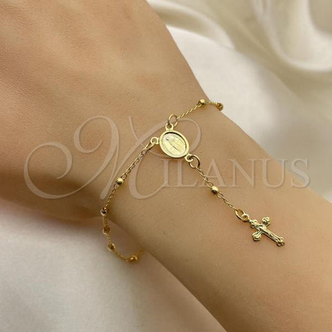 Oro Laminado Bracelet Rosary, Gold Filled Style Cross and Altagracia Design, Polished, Golden Finish, 09.02.0066.08