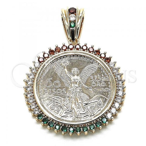 Oro Laminado Religious Pendant, Gold Filled Style Centenario Coin Design, with Multicolor Cubic Zirconia, Polished, Golden Finish, 05.63.1161.1