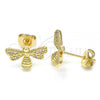 Oro Laminado Stud Earring, Gold Filled Style Bee Design, with White Micro Pave, Polished, Golden Finish, 02.156.0435