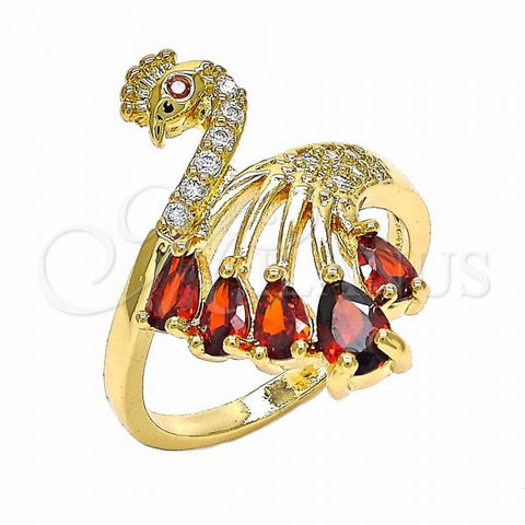 Oro Laminado Multi Stone Ring, Gold Filled Style Peacock Design, with Garnet and White Cubic Zirconia, Polished, Golden Finish, 01.365.0004.07 (Size 7)
