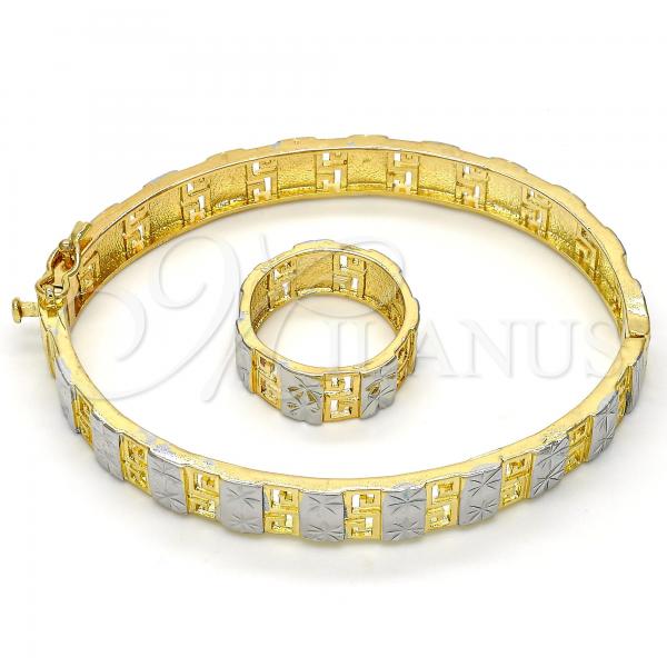 Oro Laminado Set Bangle, Gold Filled Style Greek Key and Flower Design, Diamond Cutting Finish, Two Tone, 13.99.0003.05.09 (09 MM Thickness, Size 9)