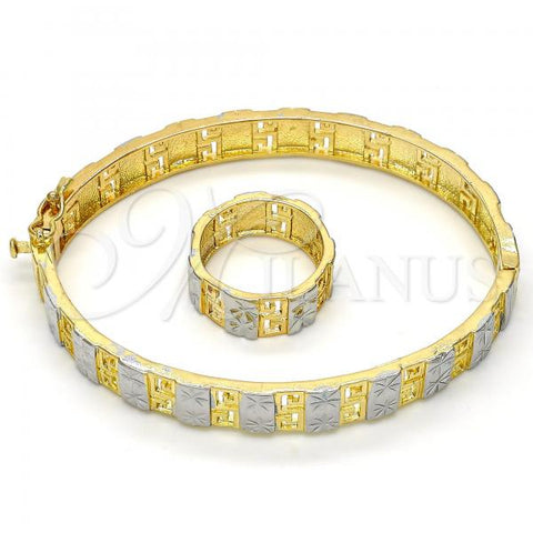 Oro Laminado Set Bangle, Gold Filled Style Greek Key and Flower Design, Diamond Cutting Finish, Two Tone, 13.99.0003.05.09 (09 MM Thickness, Size 9)