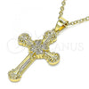 Oro Laminado Religious Pendant, Gold Filled Style Cross and Four-leaf Clover Design, with White Micro Pave, Polished, Golden Finish, 05.102.0001