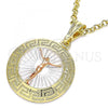 Oro Laminado Religious Pendant, Gold Filled Style Jesus and Greek Key Design, Polished, Tricolor, 05.380.0040.1