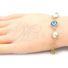 Oro Laminado Fancy Bracelet, Gold Filled Style Evil Eye Design, with White Pearl, Blue Polished, Golden Finish, 03.09.0068.1.07