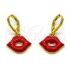 Oro Laminado Dangle Earring, Gold Filled Style Lips Design, Red Enamel Finish, Golden Finish, 02.411.0080
