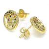 Oro Laminado Stud Earring, Gold Filled Style Tree Design, with Multicolor Micro Pave, Polished, Golden Finish, 02.156.0450.1