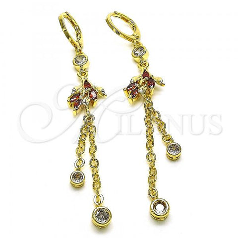 Oro Laminado Long Earring, Gold Filled Style Rolo and Bird Design, with Garnet and White Cubic Zirconia, Polished, Golden Finish, 02.316.0086.1