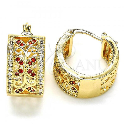 Oro Laminado Small Hoop, Gold Filled Style Flower and Leaf Design, with Garnet and White Cubic Zirconia, Polished, Golden Finish, 02.210.0293.1.20