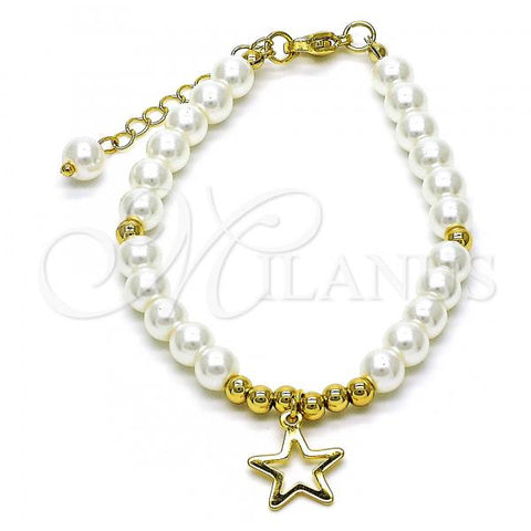 Oro Laminado Fancy Bracelet, Gold Filled Style Star and Ball Design, with Ivory Pearl, Polished, Golden Finish, 03.405.0018.07