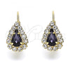 Oro Laminado Leverback Earring, Gold Filled Style Teardrop Design, with Amethyst and White Crystal, Polished, Golden Finish, 5.125.012.6