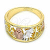 Oro Laminado Elegant Ring, Gold Filled Style Owl and Elephant Design, Polished, Tricolor, 01.351.0003.09 (Size 9)