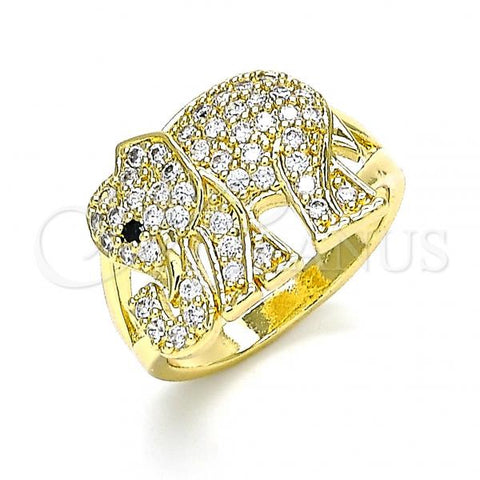 Oro Laminado Multi Stone Ring, Gold Filled Style Elephant Design, with White and Black Micro Pave, Polished, Golden Finish, 01.380.0008.09