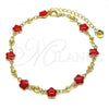 Oro Laminado Fancy Anklet, Gold Filled Style Flower Design, Red Enamel Finish, Golden Finish, 03.213.0015.6.10