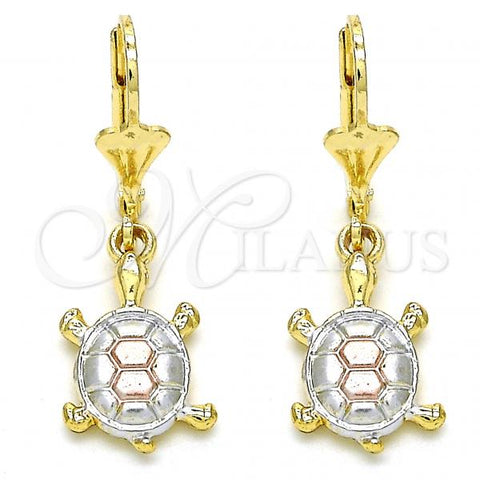 Oro Laminado Dangle Earring, Gold Filled Style Turtle Design, Polished, Tricolor, 02.351.0006