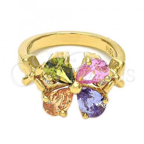 Oro Laminado Multi Stone Ring, Gold Filled Style Flower Design, with Multicolor and White Cubic Zirconia, Polished, Golden Finish, 5.172.008.07 (Size 7)