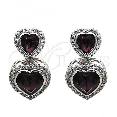 Rhodium Plated Dangle Earring, Heart Design, with Amethyst Swarovski Crystals and White Cubic Zirconia, Polished, Rhodium Finish, 02.26.0169.1