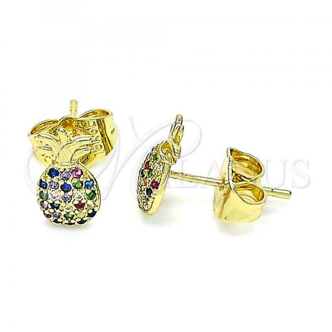 Oro Laminado Stud Earring, Gold Filled Style Pineapple Design, with Multicolor Micro Pave, Polished, Golden Finish, 02.156.0543.1