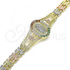 Oro Laminado Fancy Bracelet, Gold Filled Style Guadalupe and Flower Design, with Multicolor Micro Pave, Diamond Cutting Finish, Tricolor, 03.380.0101.07