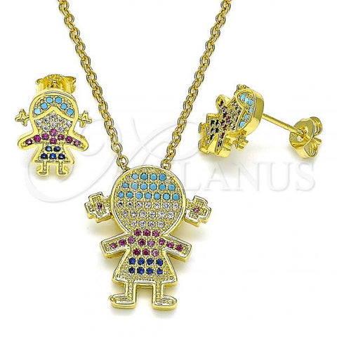 Oro Laminado Earring and Pendant Adult Set, Gold Filled Style Little Girl Design, with Multicolor Micro Pave, Polished, Golden Finish, 10.207.0003