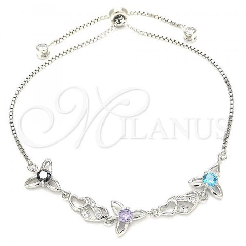 Sterling Silver Fancy Bracelet, Flower and Heart Design, with Multicolor Cubic Zirconia, Polished, Rhodium Finish, 03.175.0004.11