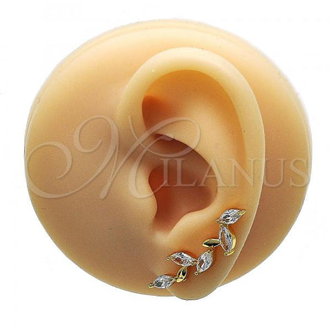 Oro Laminado Earcuff Earring, Gold Filled Style Leaf Design, with White Cubic Zirconia, Polished, Golden Finish, 02.210.0701