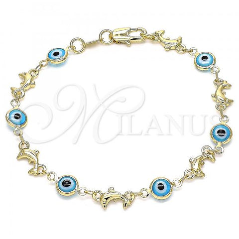 Oro Laminado Fancy Bracelet, Gold Filled Style Evil Eye and Dolphin Design, Turquoise Resin Finish, Golden Finish, 03.326.0009.3.08