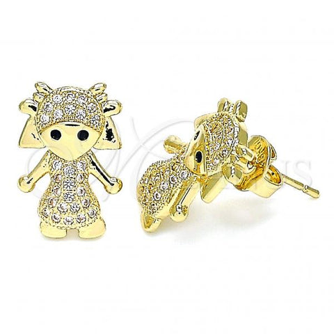 Oro Laminado Stud Earring, Gold Filled Style Little Girl Design, with White and Black Micro Pave, Polished, Golden Finish, 02.156.0418