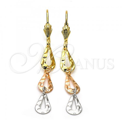Oro Laminado Long Earring, Gold Filled Style Teardrop Design, Diamond Cutting Finish, Tricolor, 02.63.2151