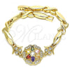 Oro Laminado Fancy Bracelet, Gold Filled Style Flower and Hugs and Kisses Design, with Multicolor Cubic Zirconia, Polished, Golden Finish, 03.210.0130.2.08