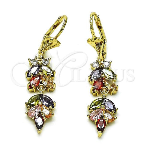 Oro Laminado Long Earring, Gold Filled Style Leaf Design, with Multicolor Cubic Zirconia, Polished, Golden Finish, 02.210.0841.2