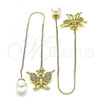 Oro Laminado Threader Earring, Gold Filled Style Butterfly Design, with White Micro Pave, Polished, Golden Finish, 02.210.0814