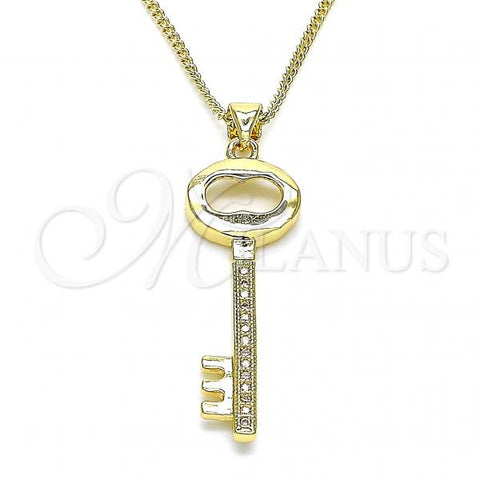 Oro Laminado Pendant Necklace, Gold Filled Style key Design, with White Micro Pave, Polished, Golden Finish, 04.156.0429.20