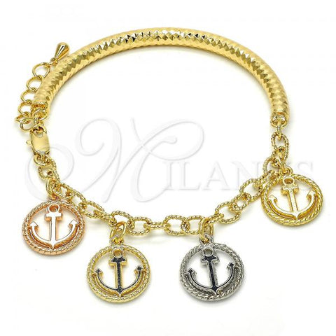Oro Laminado Charm Bracelet, Gold Filled Style Anchor and Hollow Design, Diamond Cutting Finish, Tricolor, 03.63.1818.1.08