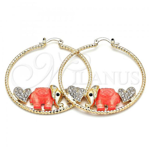 Oro Laminado Large Hoop, Gold Filled Style Elephant and Heart Design, with White and Black Crystal, Dark Pink Resin Finish, Golden Finish, 02.380.0051.4.50