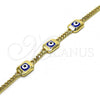 Oro Laminado Fancy Bracelet, Gold Filled Style Evil Eye and Miami Cuban Design, Blue Enamel Finish, Golden Finish, 03.213.0181.07