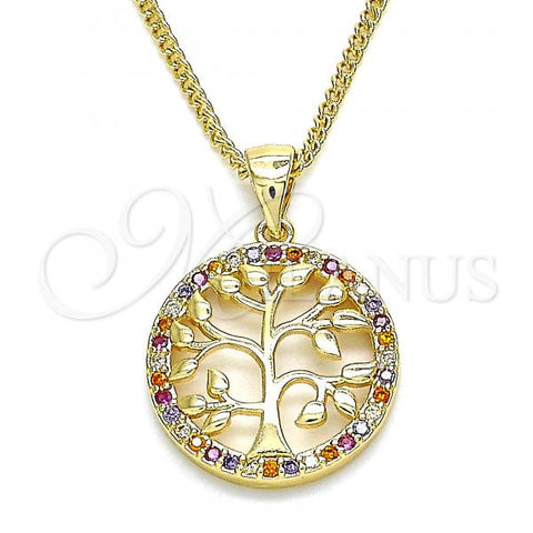 Oro Laminado Pendant Necklace, Gold Filled Style Tree Design, with Multicolor Micro Pave, Polished, Golden Finish, 04.156.0310.1.20